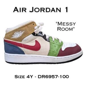 Air Jordan 1 Mid SE GS Messy Room Sneakers 4Y Multi-Color Leather DR6957-100
